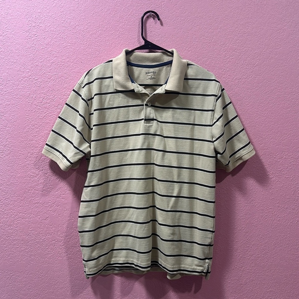 St. Johnâs Bay Menâs Tan/Brown Striped Polo Shirt Size M 100% Cotton